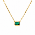 Yellow Gold-Plated Emerald Green Bezel Set Stone with Paperclip Chain