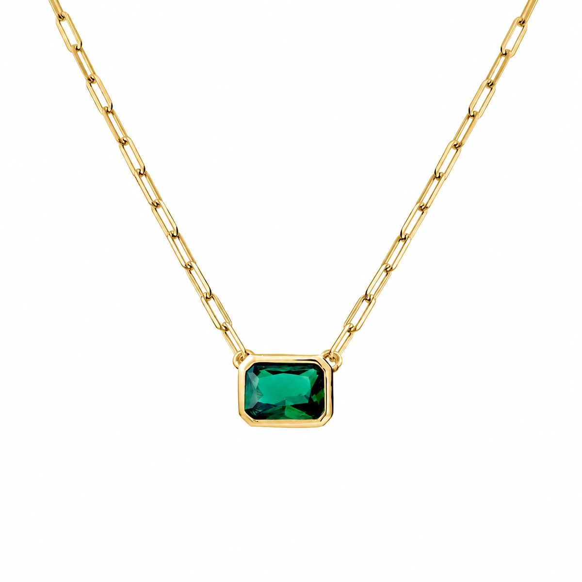 Yellow Gold-Plated Emerald Green Bezel Set Stone with Paperclip Chain