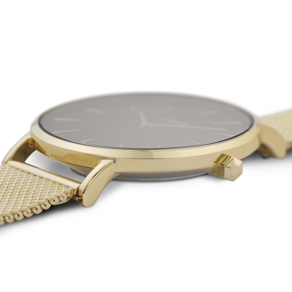 Cluse Boho Chic Womens Watch with Yellow Gold Case, Black Dial and Yellow Gold Plated Stainless Steel Mesh Band