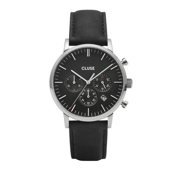 Cluse Aravis Chronograph Mens Watch with Silver Case, Black Dial and Black Leather Strap