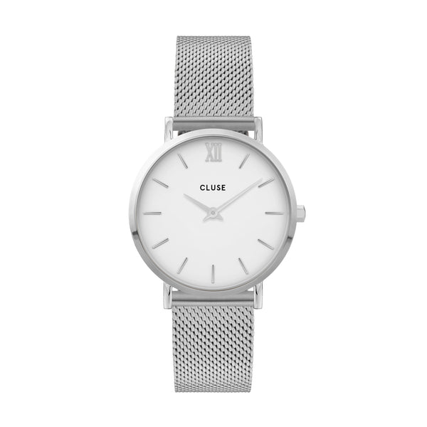 Silver Stainless Steel Mesh Band with White Dial