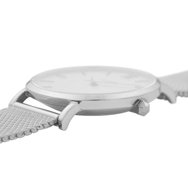 Silver Stainless Steel Mesh Band with White Dial