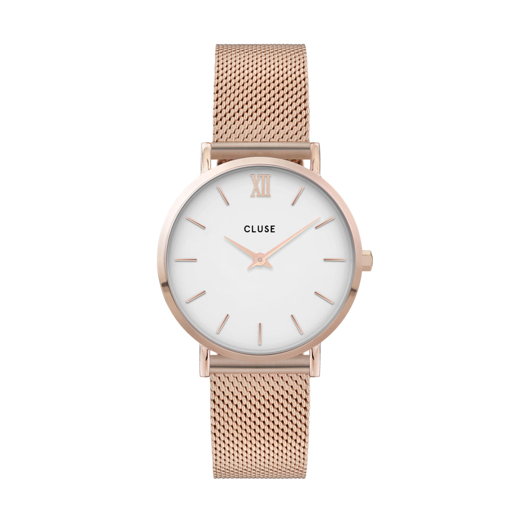 Rose Gold Stainless Steel Mesh Band with White Dial
