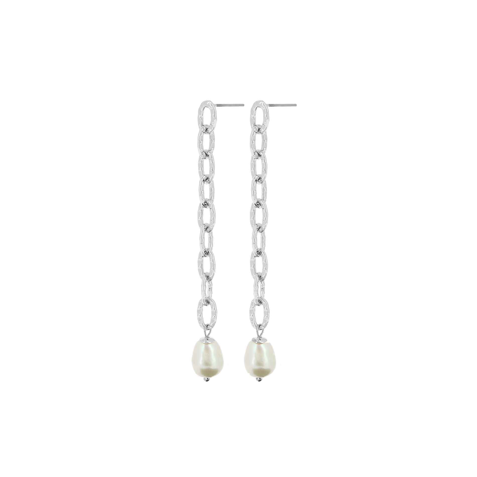 Rhodium Plated Chain Drop Earrings with Baroque Pearl - 2 Colours