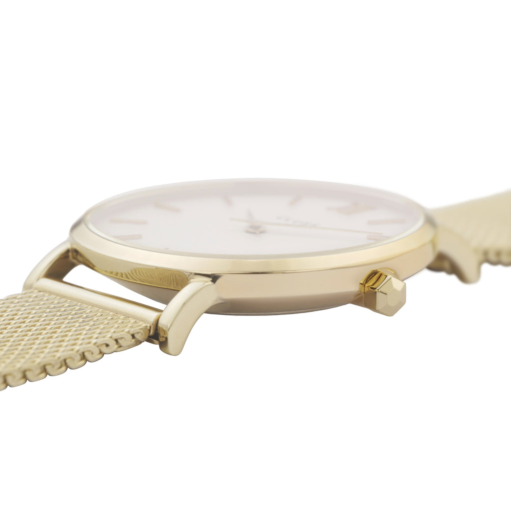 Yellow Gold Stainless Steel Mesh Band with White Dial