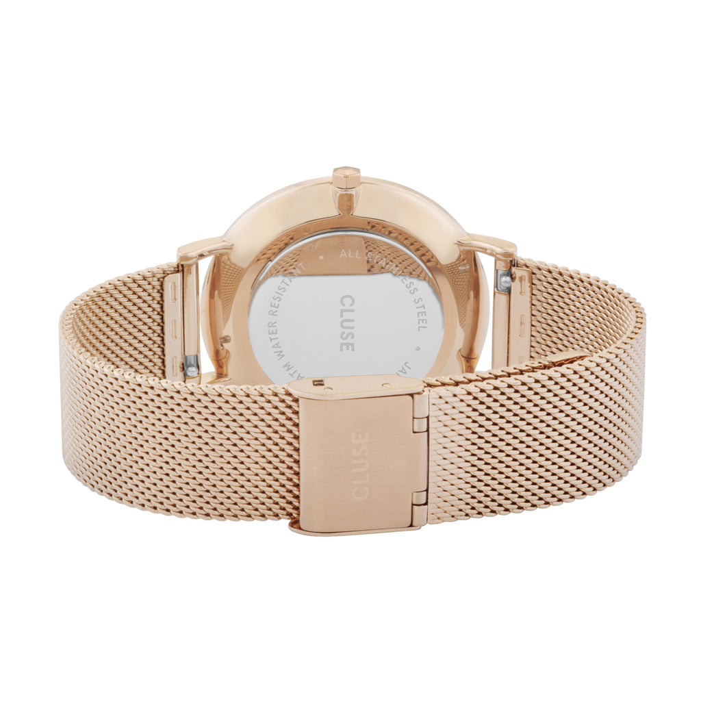 Cluse Boho Chic Womens Watch with Rose Gold Case, Black Dial and Rose Gold Plated Stainless Steel Mesh Band