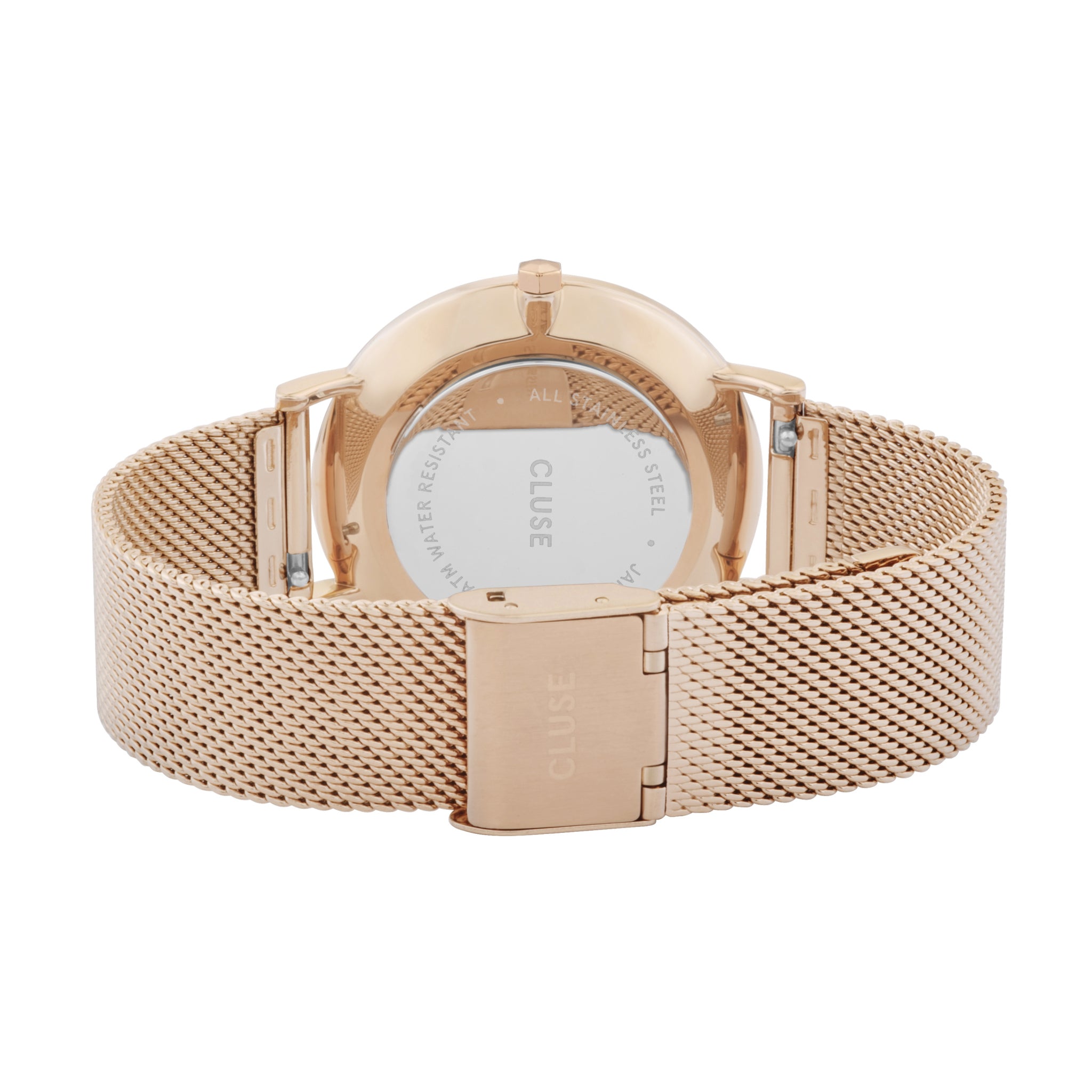 Cluse Boho Chic Womens Watch with Rose Gold Case, Black Dial and Rose Gold Plated Stainless Steel Mesh Band