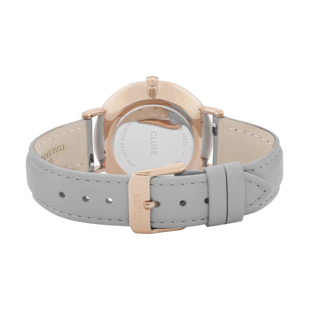 Cluse Boho Chic Womens Watch with Rose Gold Case, White Dial and Grey Leather Strap