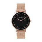 Cluse Boho Chic Womens Watch with Rose Gold Case, Black Dial and Rose Gold Plated Stainless Steel Mesh Band