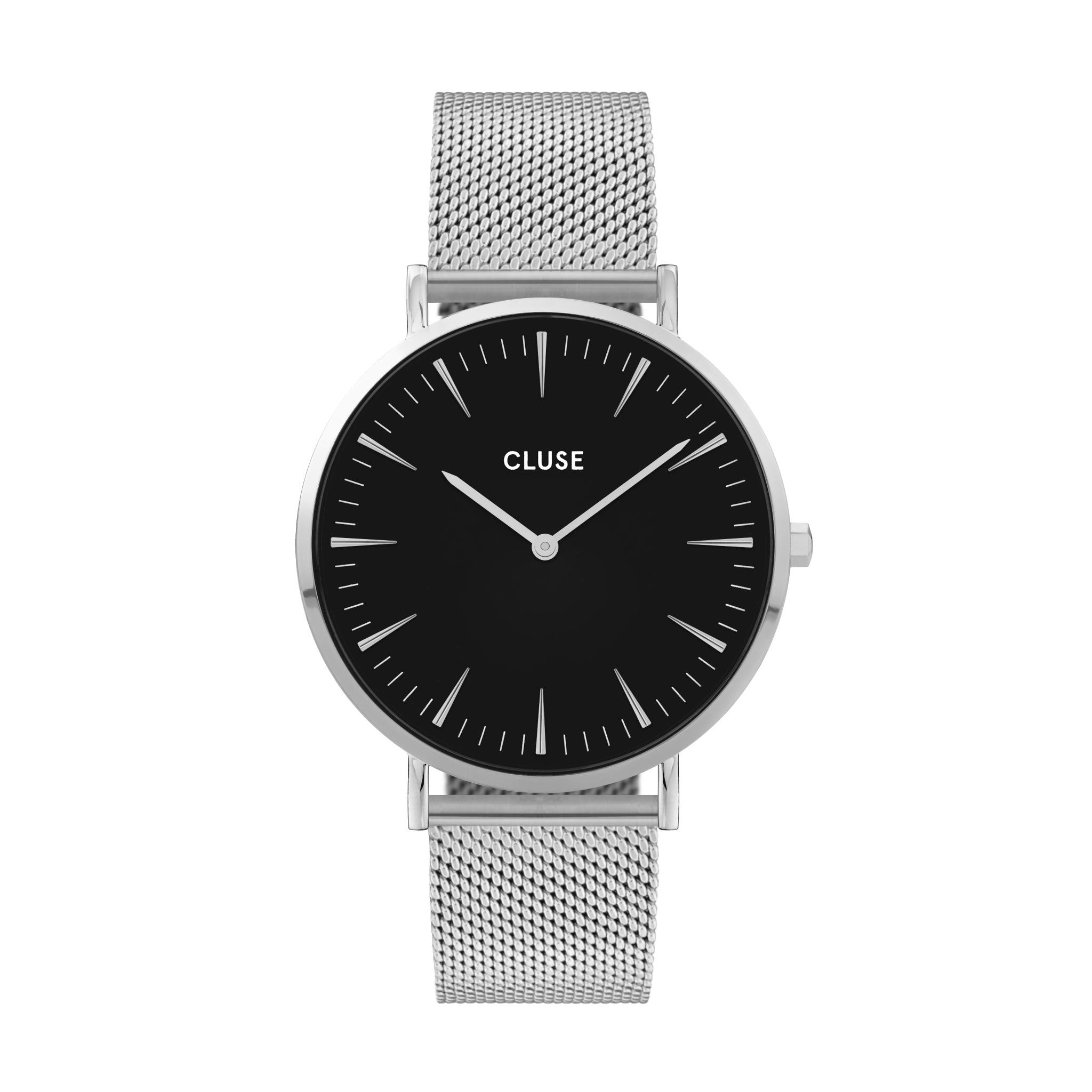 Cluse Boho Chic Womens Watch with Silver Case, Black Dial and Silver Stainless Steel Mesh Band