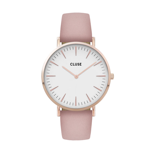 Cluse Boho Chic Womens Watch with Rose Gold Case, White Dial and Pink Leather Strap