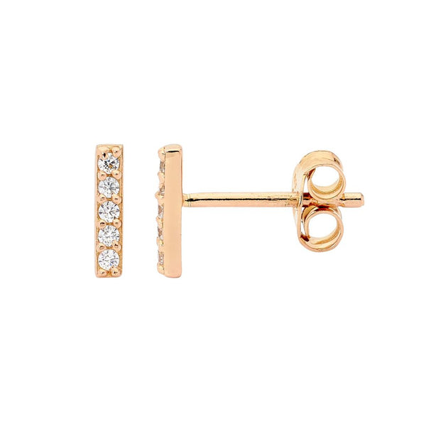 Sterling Silver 18ct Yellow Gold Plated, Cubic Zirconia Bar Stud Earrings- 11mm