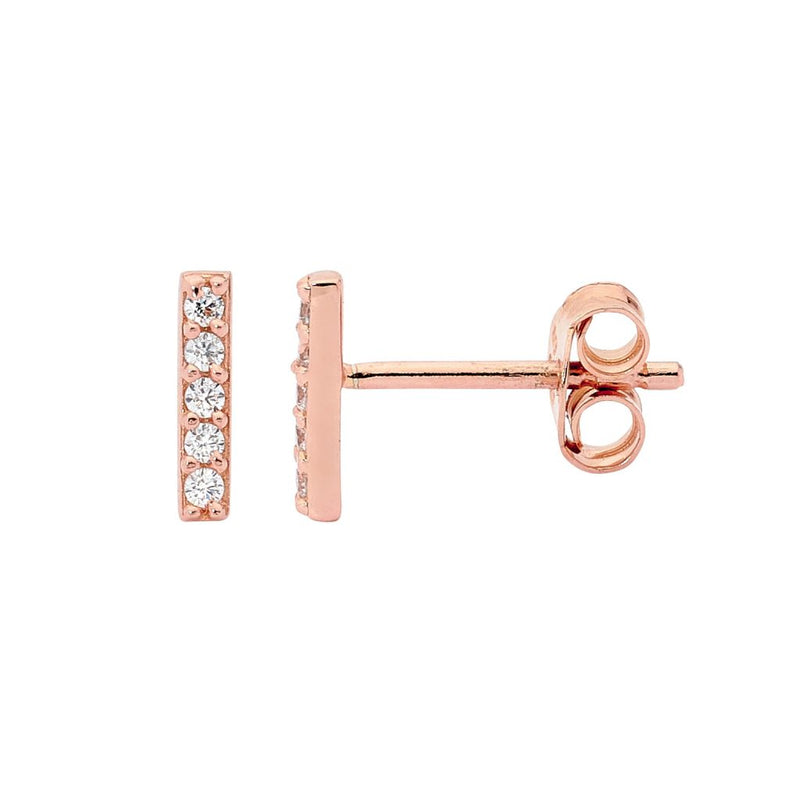 Sterling Silver 18ct Rose Gold Plated, Cubic Zirconia Bar Stud Earrings- 11mm