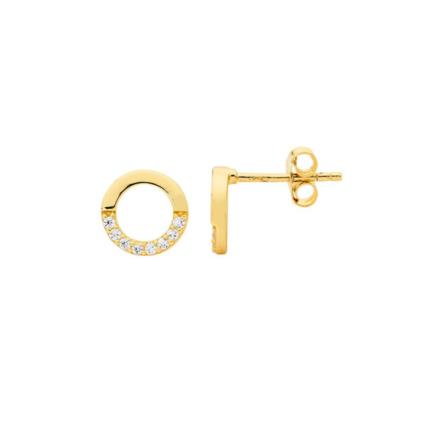 Sterling Silver, 18ct Yellow Gold Plate Open Circle Stud Earrings, Half with Cubic Zirconia’s - 8.9mm