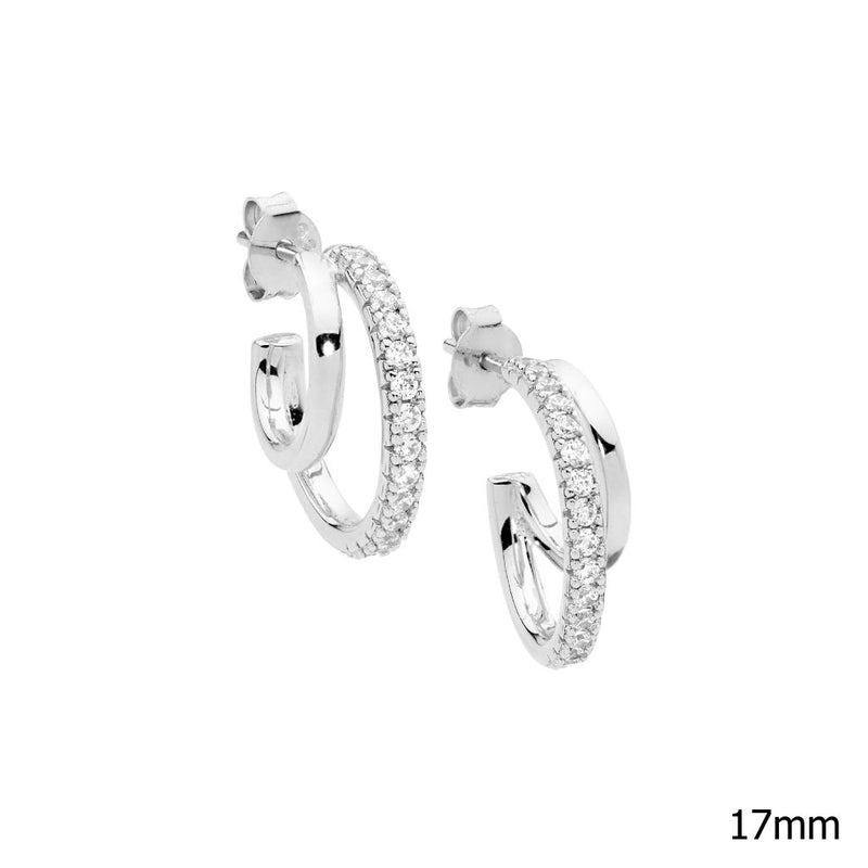 Yellow Gold Double Hoop Earrings with Cubic Zirconias- 3 Colours