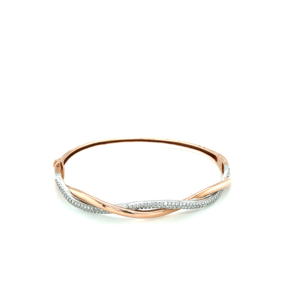 9ct Rose and White Gold Diamond Twist Hinged Bangle