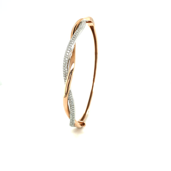 9ct Rose and White Gold Diamond Twist Hinged Bangle