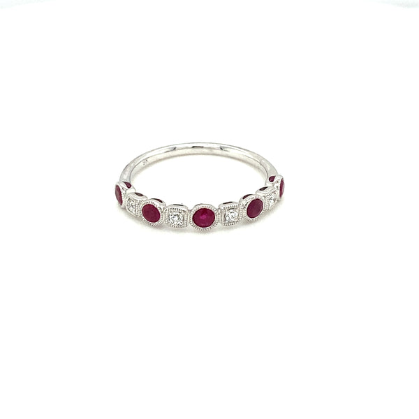 9ct White Gold Alternating Round and Square Ruby Diamond Ring