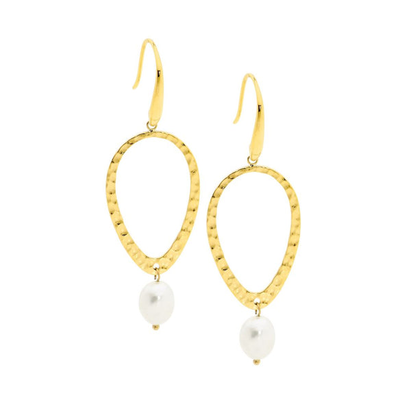 Stainless Steel Yellow Gold  IP Plate Hammered Open Tear Shaped Earrings with Fresh Water Pearl Drop