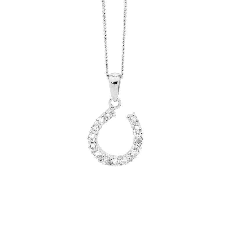 Sterling Silver, Cubic Zirconia Small Horseshoe Necklace, Sterling Silver Adjustable Chain Included